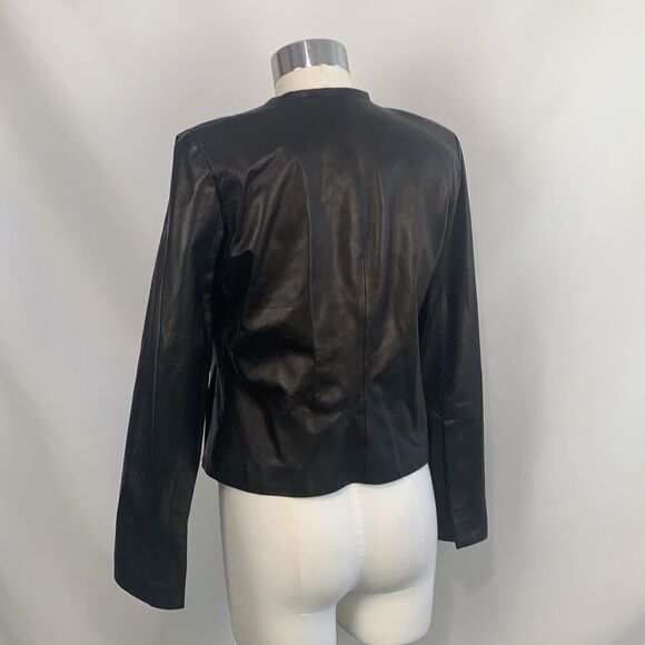 Diane Von Furstenberg black leather with pleated collar jacket - Picture 7 of 12